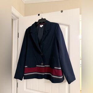 Crown and Ivy Women’s Navy Blazer with Burgundy Stripe Detail
